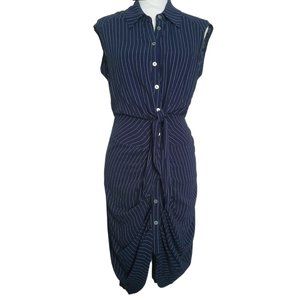 4/$20 Shinestar Navy Blue Pinstripe Dress Large Ruched Button Front Sleeveless